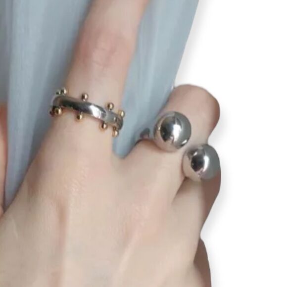 Stainless Steel Metal Beaded Open Cuff Band Ring NEW - Picture 3 of 3